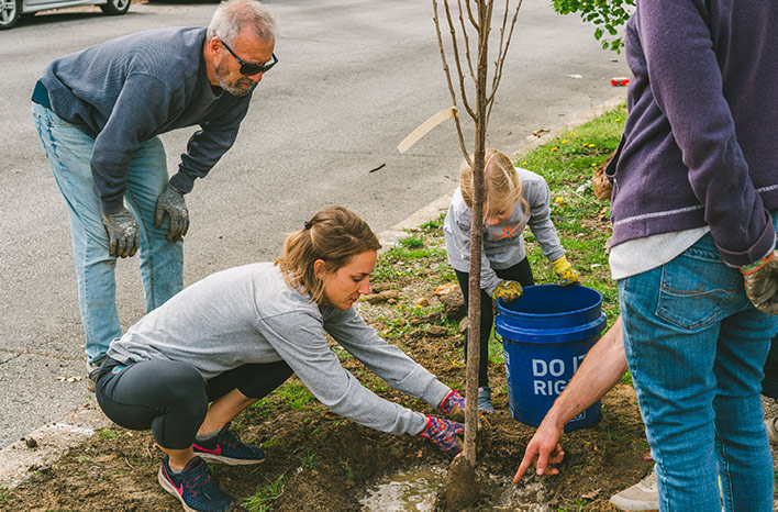 Tree planting volunteers assisting in planting street trees through Pennsylvania Horticultural Society’s Tree Tenders program.