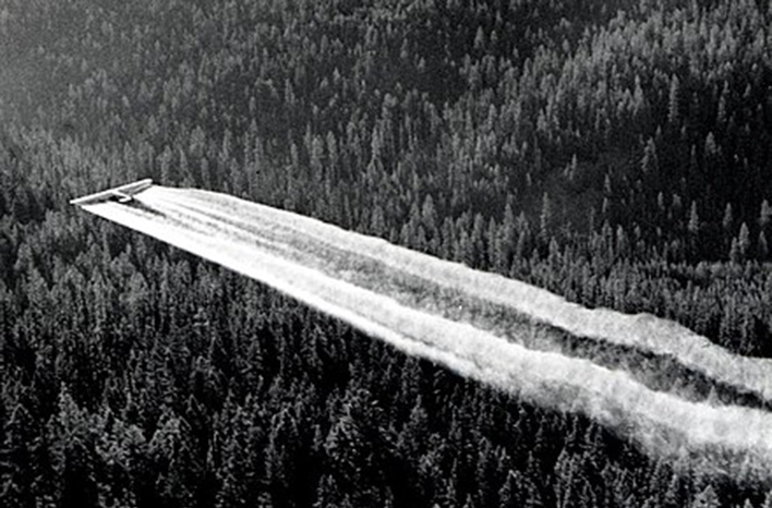 A Ford Trimotor spraying DDT for Western spruce budworm control in oregon.